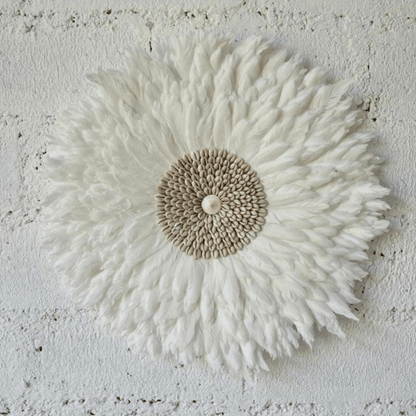 PLUMARIS – Artistic Juju Hat with White Feathers & Shell Stone Design