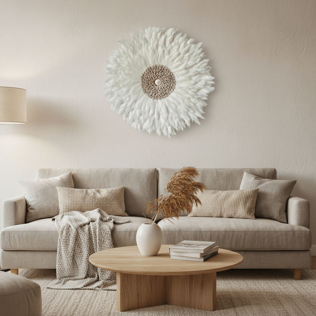 PLUMARIS – Artistic Juju Hat with White Feathers & Shell Stone Design