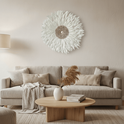 PLUMARIS – Artistic Juju Hat with White Feathers & Shell Stone Design