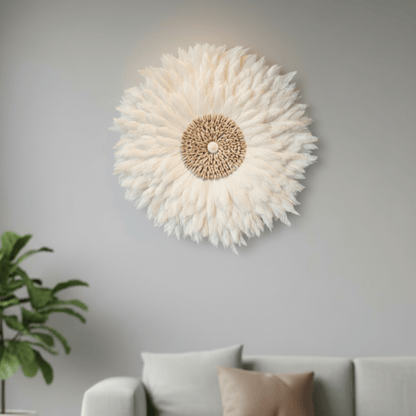 PLUMARIS – Artistic Juju Hat with White Feathers & Shell Stone Design