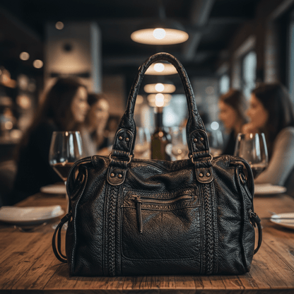 EBONYPULSE – Chic black PU leather bag with adjustable strap and organized pocket layout