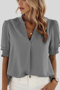 FLUVELLE – Lightweight V-Neck Chiffon Blouse with Soft Volume Sleeves