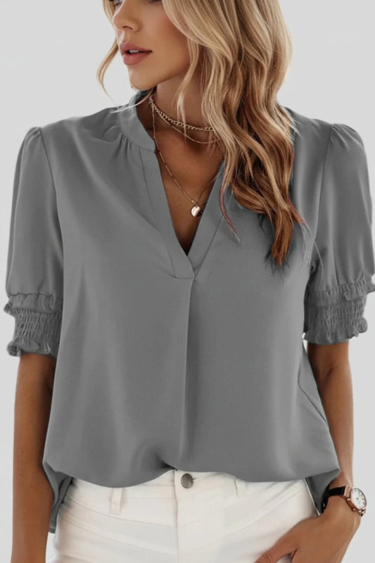 FLUVELLE – Lightweight V-Neck Chiffon Blouse with Soft Volume Sleeves