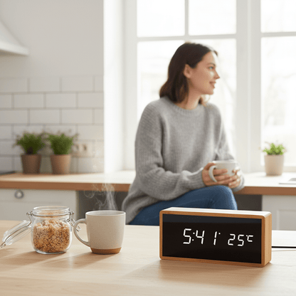 NATURTIME – Bamboo LED Alarm Clock with Time and Temperature Display