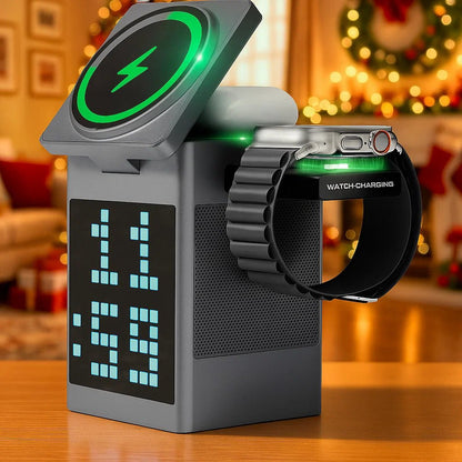PIXCHARGE – 3-in-1 Wireless Charger with Bluetooth Speaker & LED Clock Display