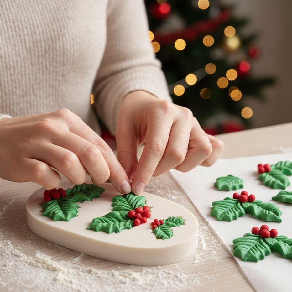 HOLLYBELLS – Christmas Silicone Mold with Holly Leaves & Bells for Fondant & Chocolate